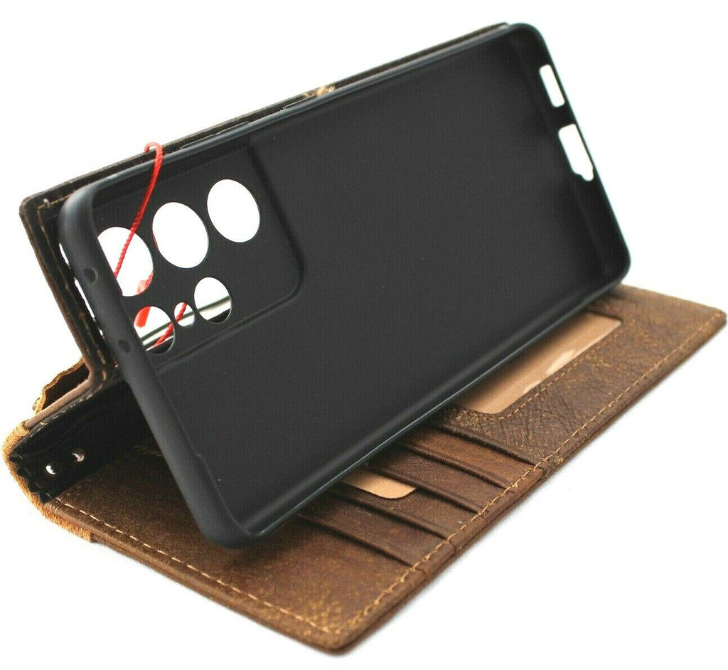 DavisCase genuine leather galaxy S21 Ultra 5G wallet cover with ID window, card slots, suede interior, and wireless charging holder.