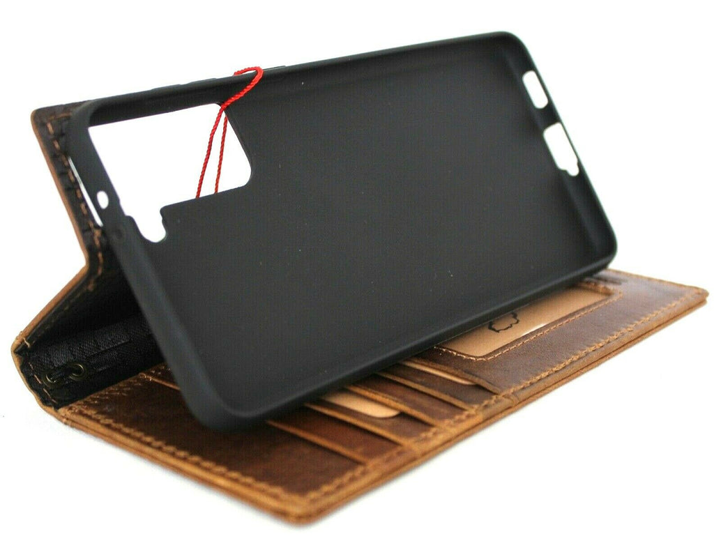 Genuine leather book wallet case for Samsung Galaxy S21 Plus 5G by DAVISCASE with card slots, wireless charging holder in tan color