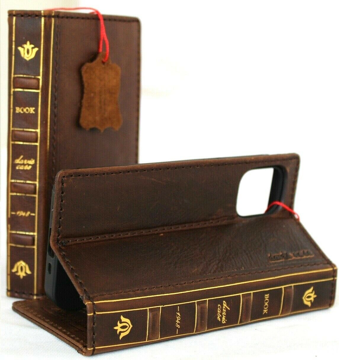 Handmade vintage leather iPhone 12 Mini wallet case with Bible design, ID window, and credit card slots from DAVISCASE.