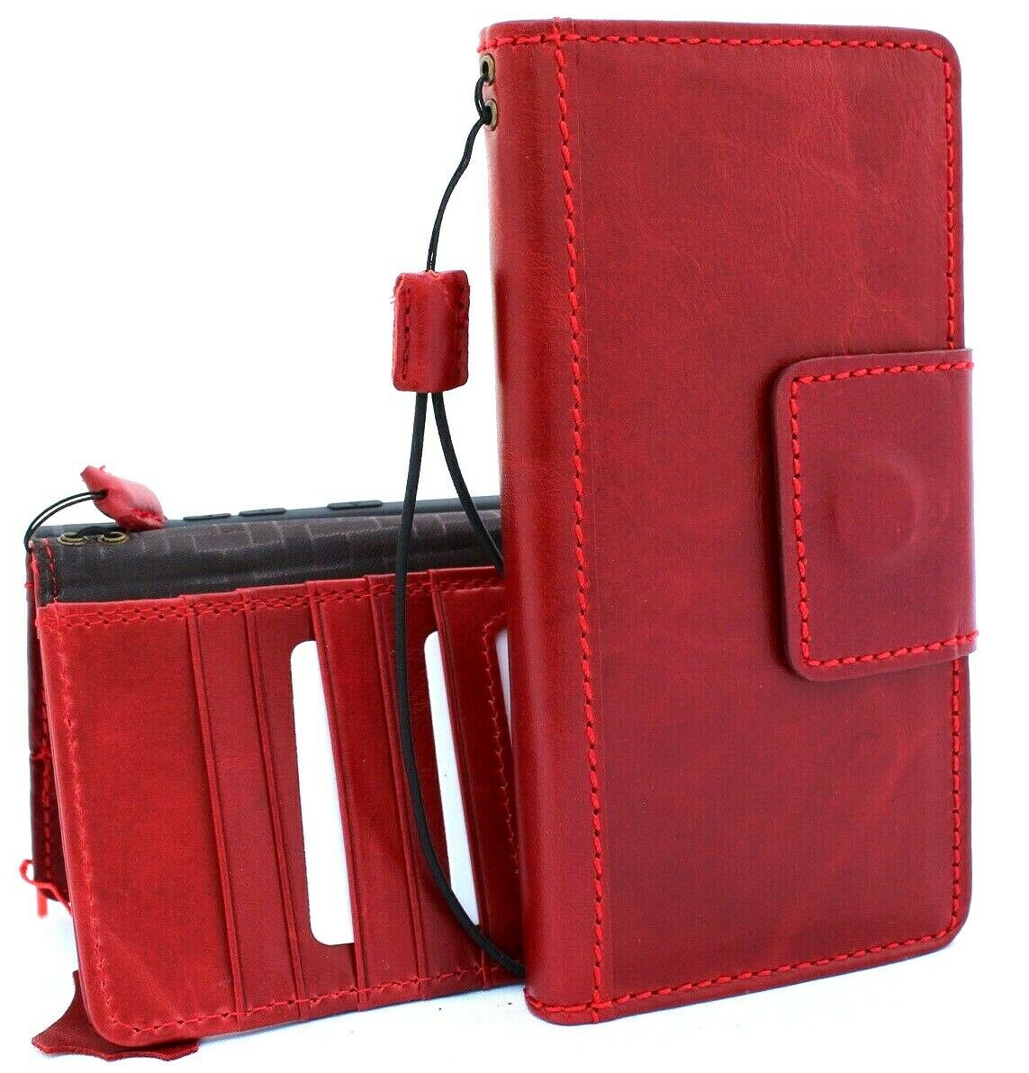 Red leather flip wallet case for Samsung Galaxy Note 10 Plus with card slots, magnetic closure, soft strap, handmade by DAVISCASE.