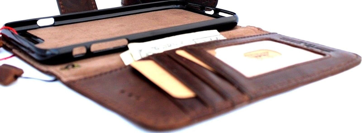 Genuine leather iPhone 8 Plus wallet case by DAVISCASE with card slots, slim vintage design, and removable soft holder.