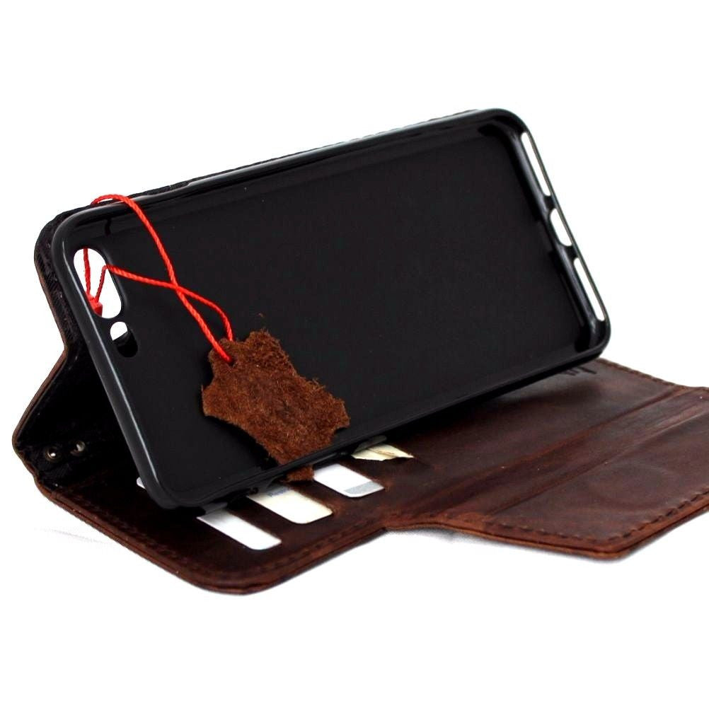 Brown genuine leather iPhone 8 Plus case with magnetic cover, wallet design, credit card slots, handcrafted by DAVISCASE.