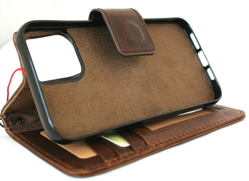 Handmade genuine soft leather iPhone 12 Pro Max case by DAVISCASE with vintage wallet design, ID window, credit card slots, and magnetic cover