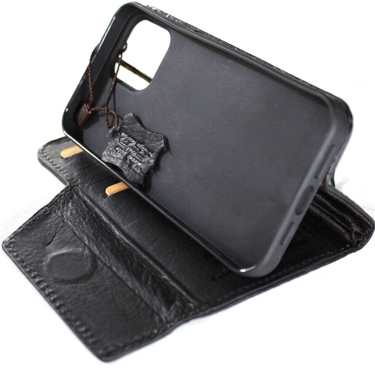 Handmade genuine leather phone case for iPhone 11-15 Pro Max by DAVISCASE with ID window, credit card slots, vintage style, black leather