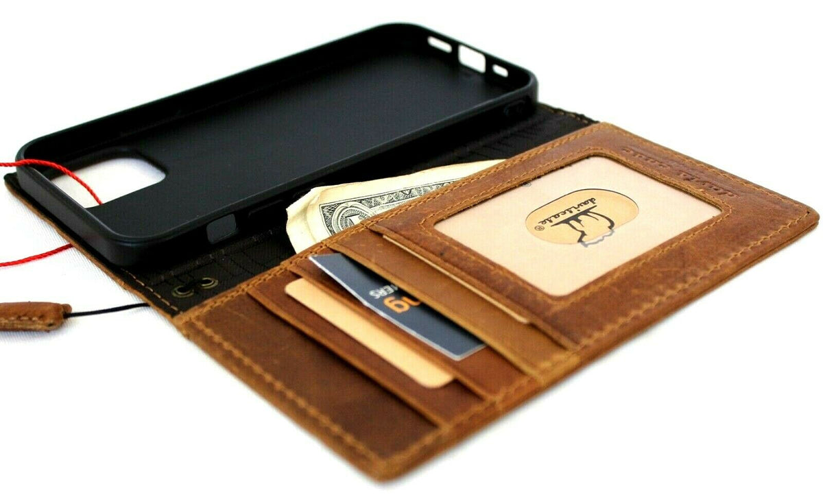 Genuine tan leather iPhone 12 Pro case by DAVISCASE, vintage style book wallet with ID window, credit card slots, soft slim cover