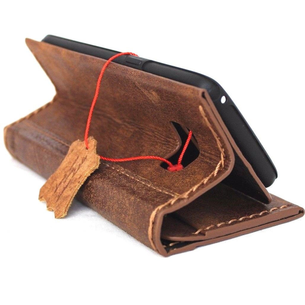 Handmade soft brown leather phone case with card slots for Samsung Galaxy S8 Plus, featuring a book wallet design.