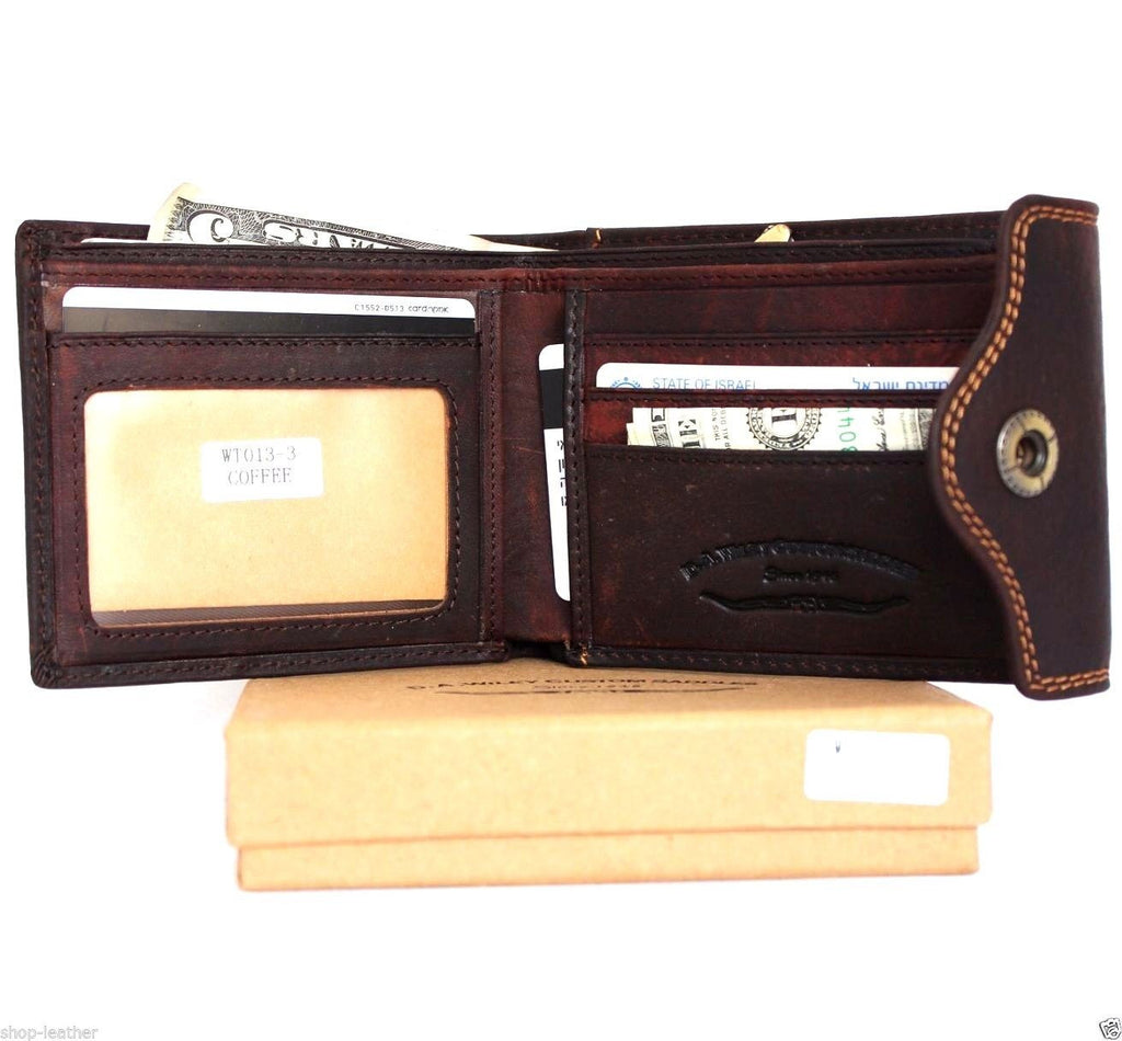 Men's brown DavisCase leather wallet with 4 card slots, ID window, and 2 bill sections, bi-fold design.