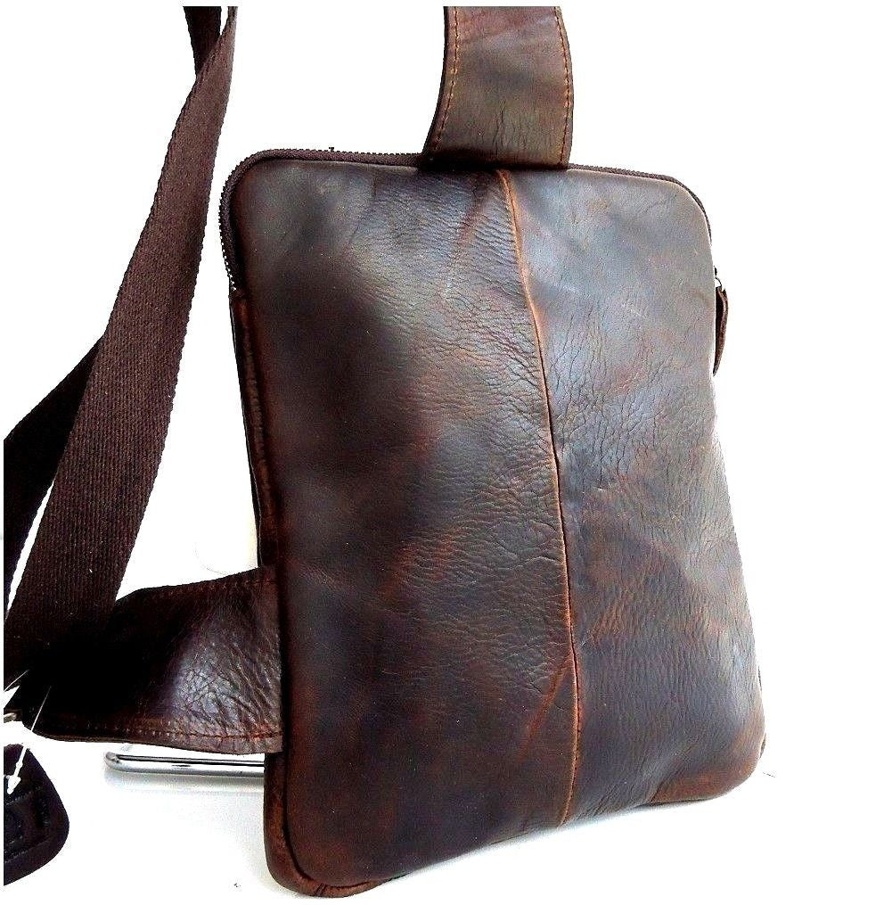 Men's brown genuine leather messenger bag for iPad and notebooks, DAVISCASE crossbody handbag with adjustable strap.