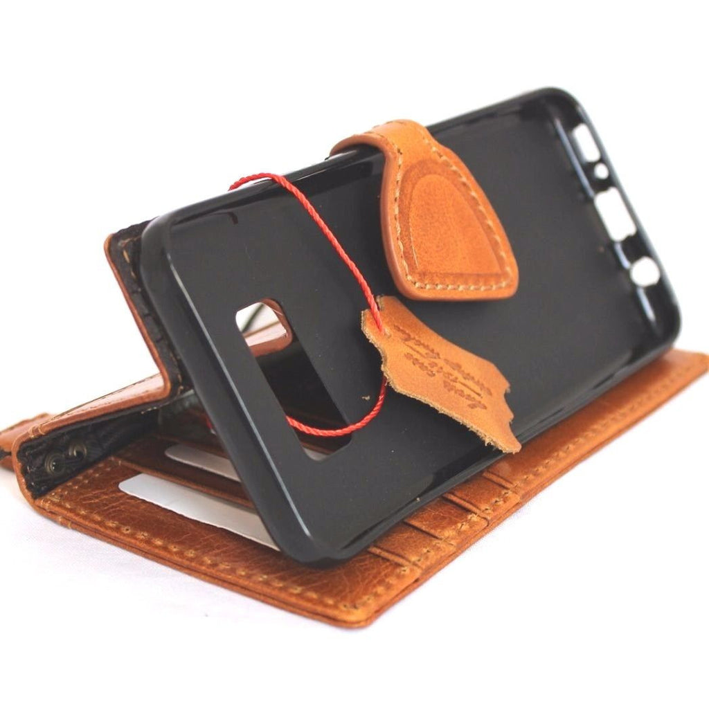 Handmade genuine leather wallet case for Samsung Galaxy S8 with magnetic closure, featuring a classic book-style design.