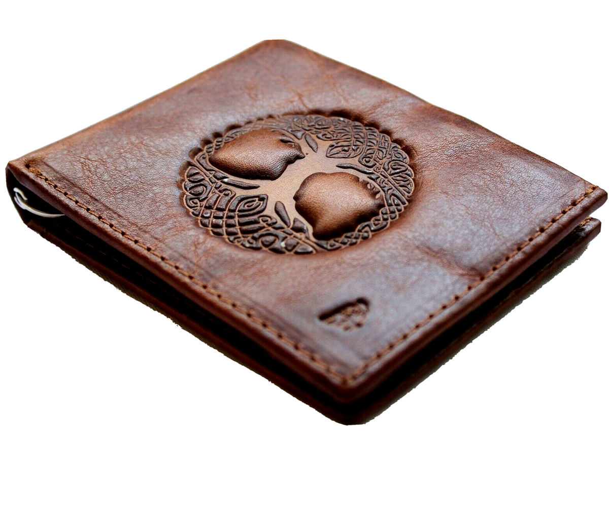 Men's genuine leather wallet by DAVISCASE with credit card slots, bill compartment, and Tree of Life design in tan, handmade luxury style.