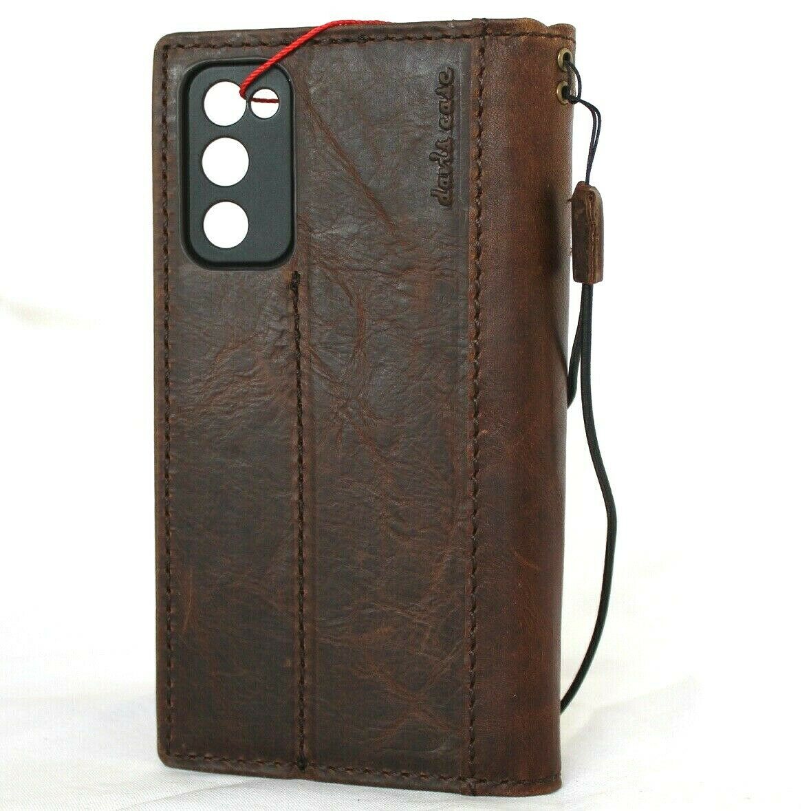 DavisCase genuine dark leather Samsung Galaxy S20 FE book wallet cover with card slots, wireless charging holder, slim soft rubber design.