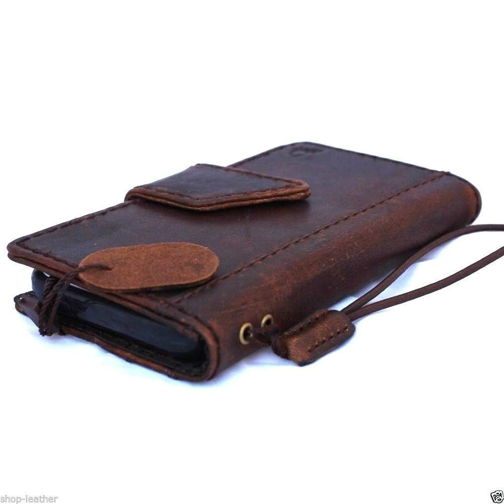Vintage genuine leather iPhone 4/4S hard case with book wallet design in brown, handmade luxury phone cover.