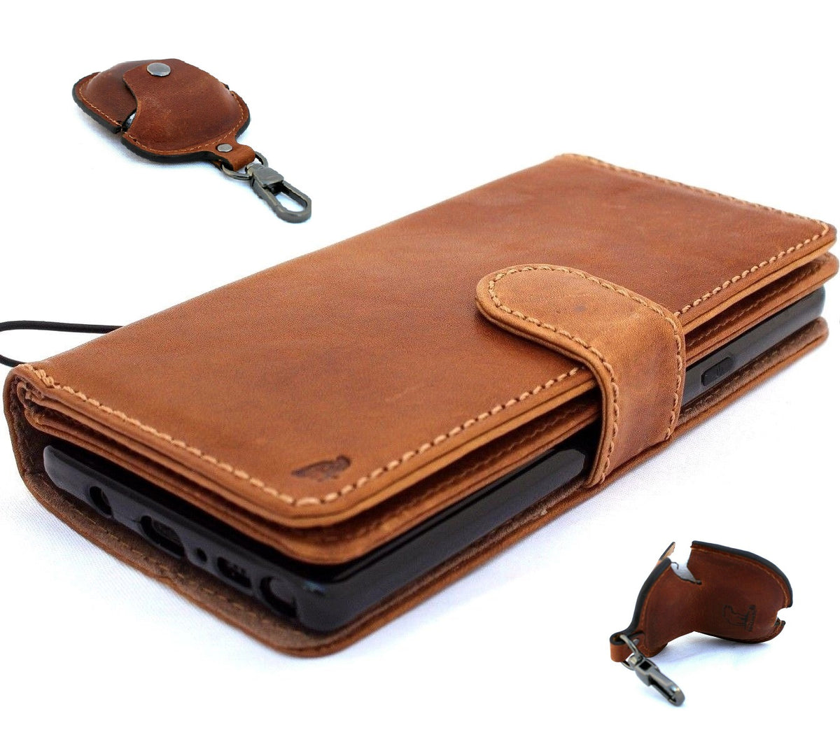 Genuine full leather Samsung Galaxy Note 9 book wallet case with card slots, magnetic holder, and AirPods 2 in a soft vintage style