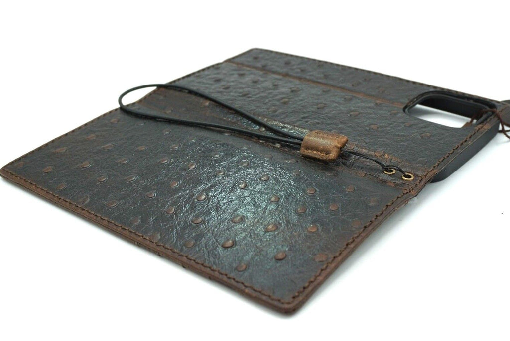 Handmade genuine leather phone case for Galaxy S26, S22, S23, S24, S25, Z Fold 3-7 with art wallet design and ostrich style cover.
