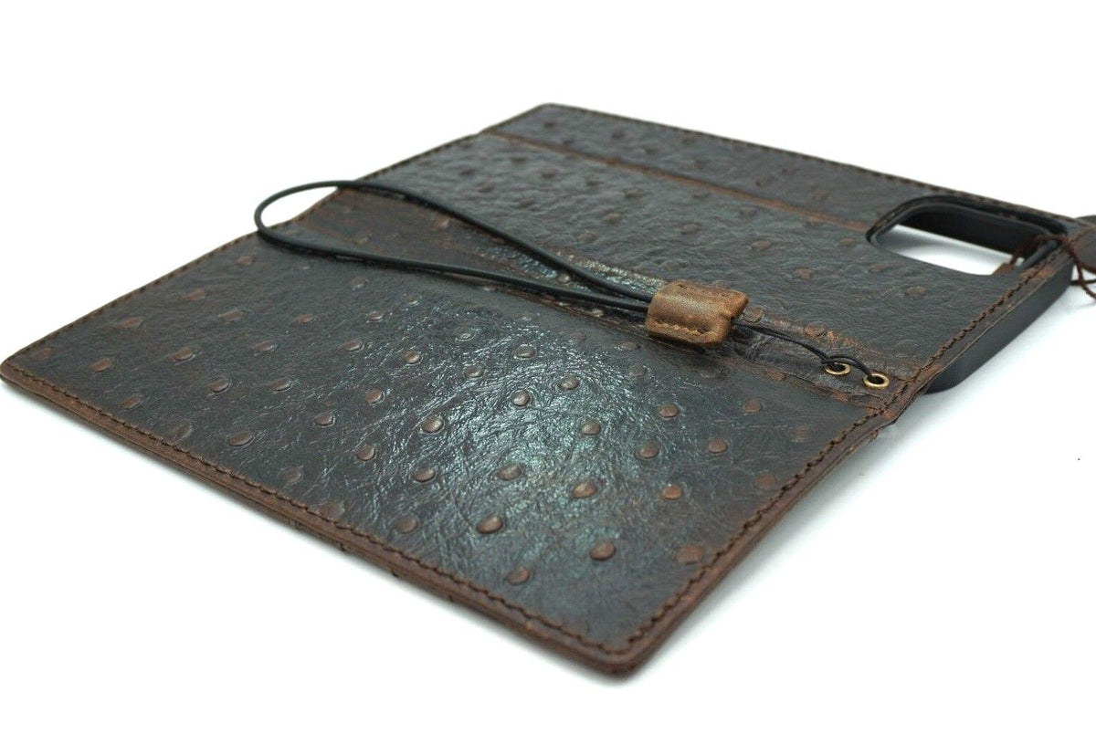 Handmade genuine leather phone case for Galaxy S26, S22, S23, S24, S25, Z Fold 3-7 with art wallet design and ostrich style cover.