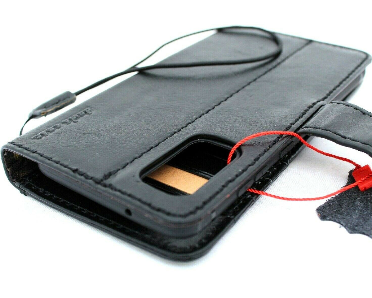 Handmade black leather Samsung Galaxy S20 wallet case with ID window, rubber holder, and wireless charging compatibility by DavisCase.