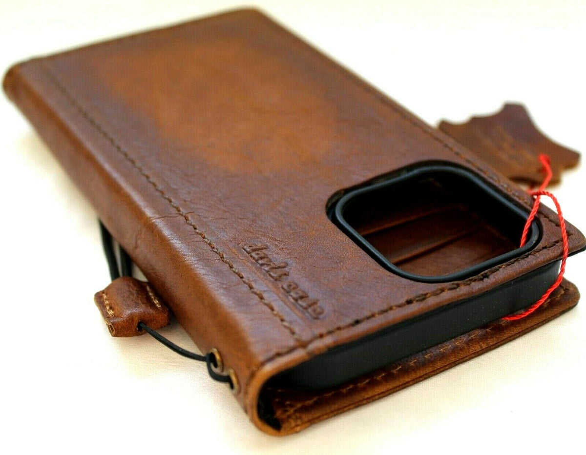 Handcrafted genuine leather phone case for iPhone 11-15 Pro Max, vintage lion design, credit card slots, full grain leather by DAVISCASE