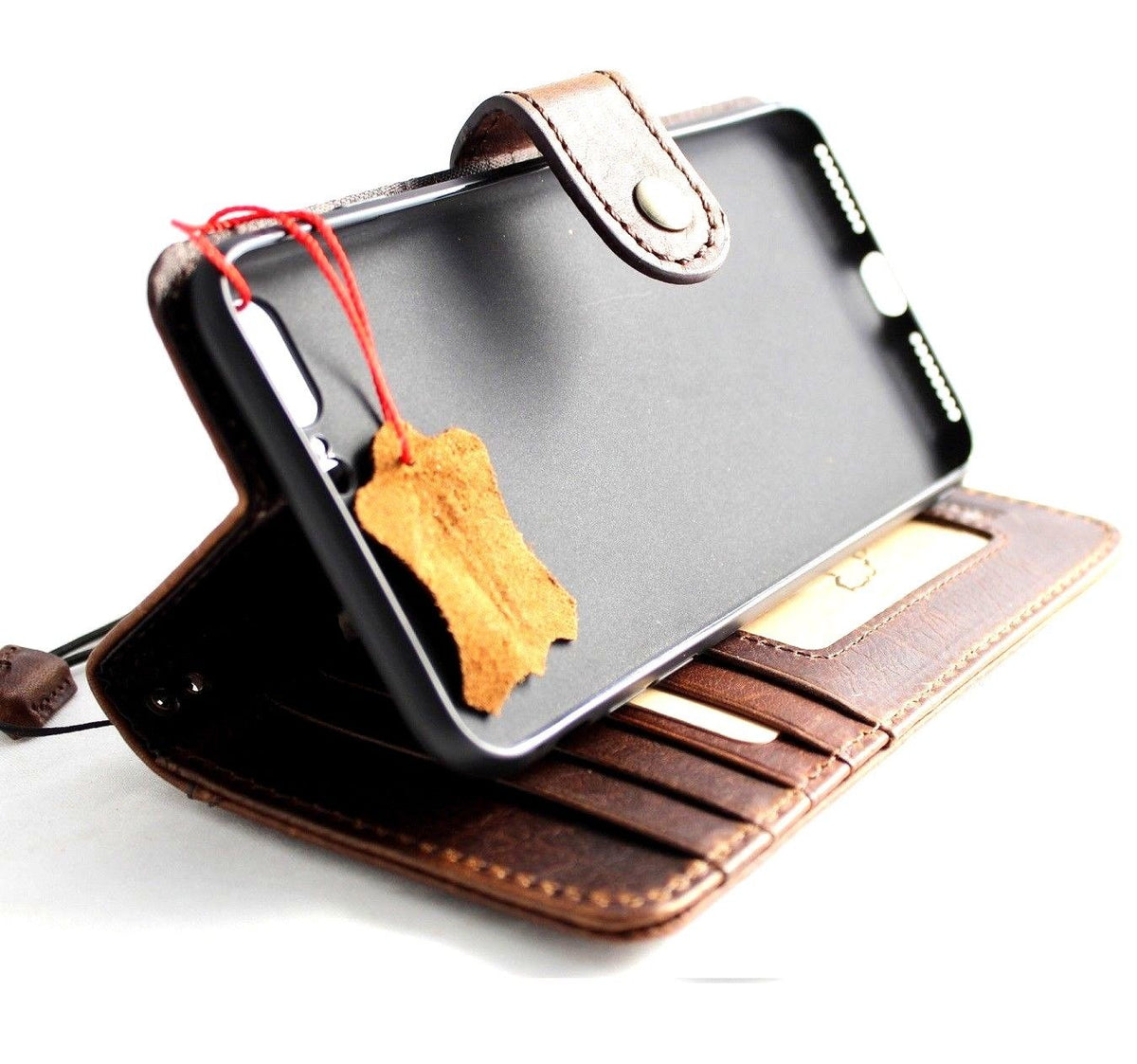 Daviscase genuine leather iPhone 8 Plus wallet case with card slots, slim vintage design, soft interior, and wireless charging compatibility.