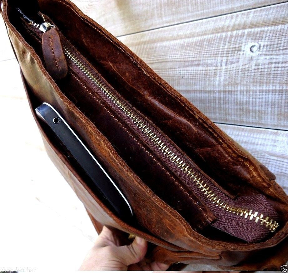 Genuine buffalo leather men's shoulder bag with vintage crossbody style, designed for tablets or iPads, in classic brown finish.