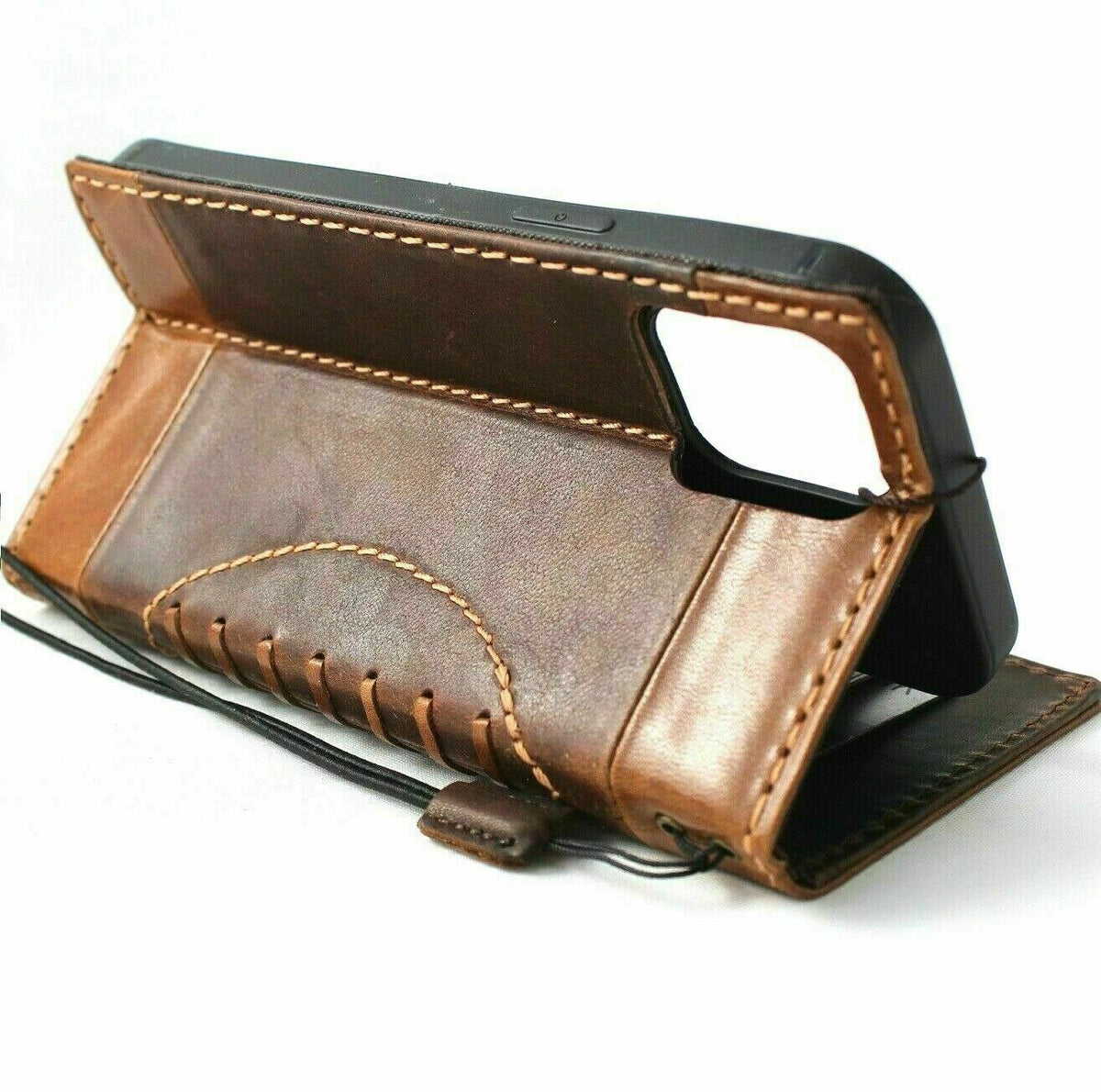 DavisCase genuine leather phone wallet case for iPhone 11-15 Pro Max with vintage eagle design, credit card slots, handcrafted full grain leather