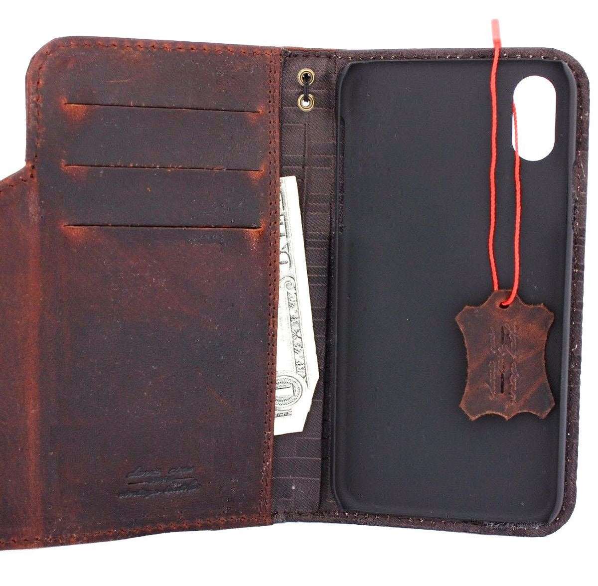 Dark brown genuine leather iPhone X case with wallet design, card slots, magnet closure, slim vintage style by Daviscase.