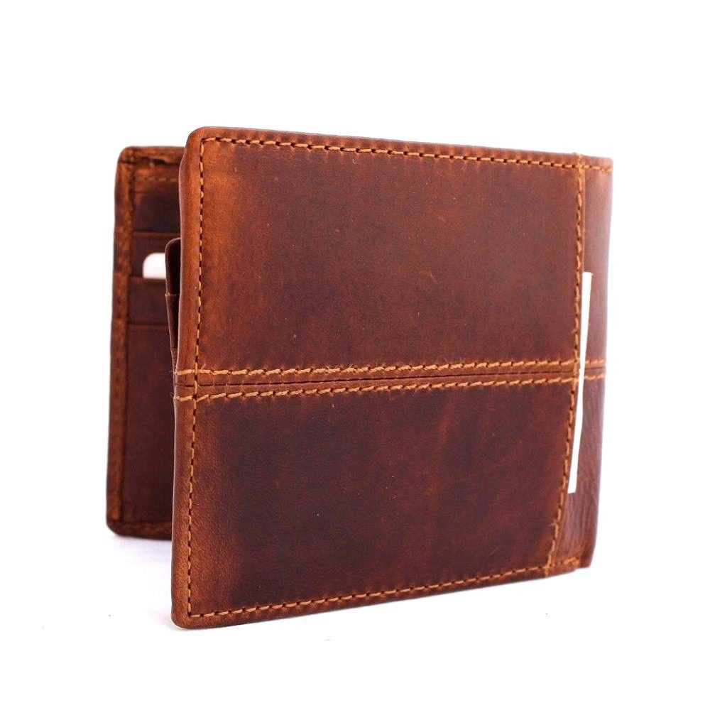 Men's full leather wallet by DAVISCASE with 8 credit card slots, ID window, and 2 bill sections in tan color.