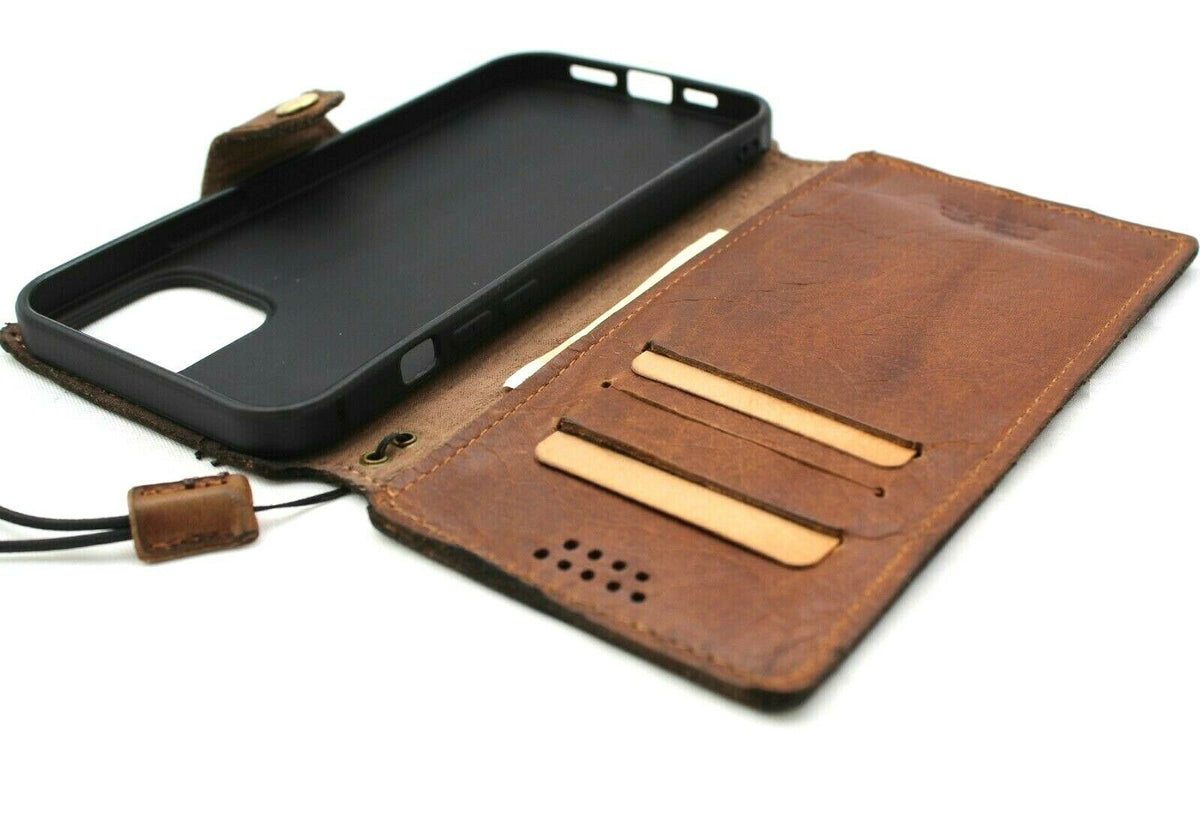DavisCase genuine leather phone wallet case for iPhone 11 to 15 Pro Max with credit card slots, vintage soft cover, full grain leather