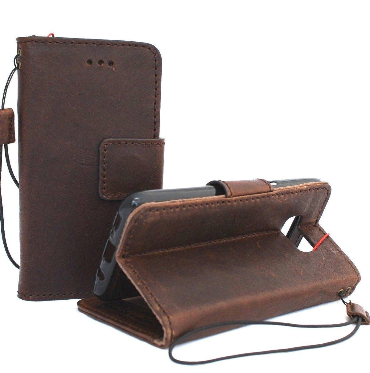 Genuine leather Samsung Galaxy S10 case by DAVISCASE with wallet design, card slots, magnetic stand, and window for notifications.