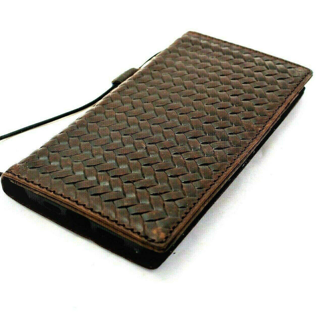 Genuine dark leather book wallet case for Apple iPhone 12 Pro Max by DAVISCASE, with ID window and credit card slots.