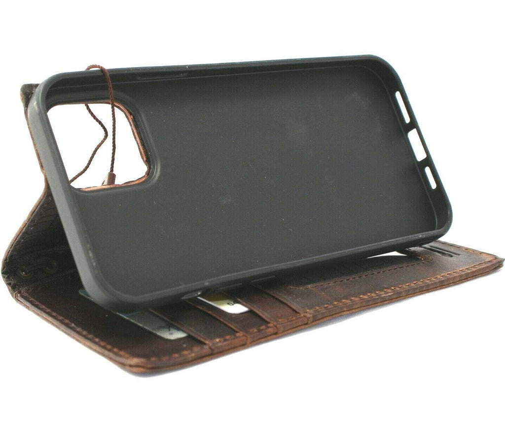 Handmade genuine dark leather iPhone 12 Pro Max case with vintage book wallet design, ID window, credit card slots, by DAVISCASE