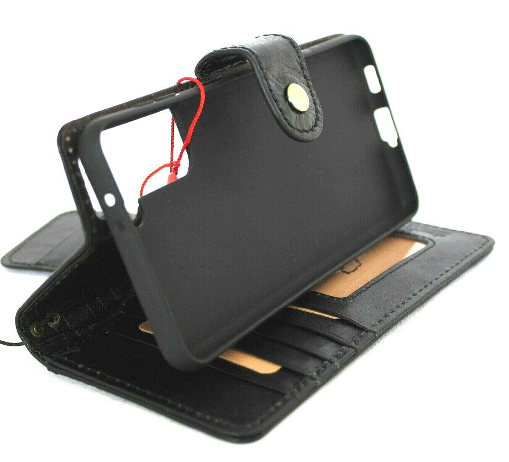 Black leather Samsung Galaxy S22 Plus 5G wallet case by DAVISCASE with ID window, card slots, and wireless charging compatibility.