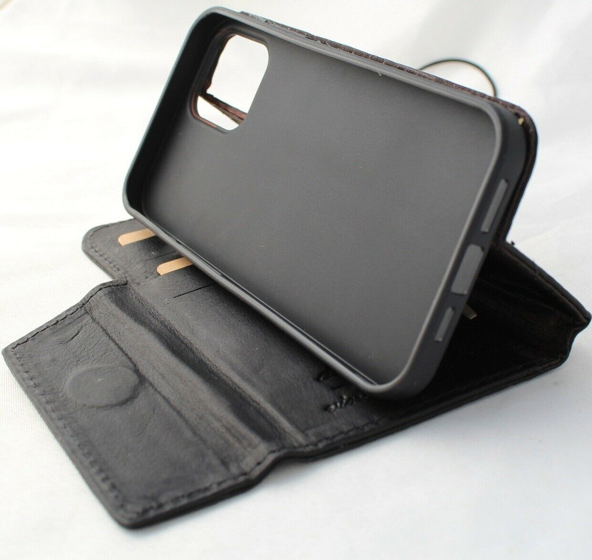 Black genuine leather wallet case for iPhone 13 Pro Max with card slots, soft cover, handmade by DAVISCASE.
