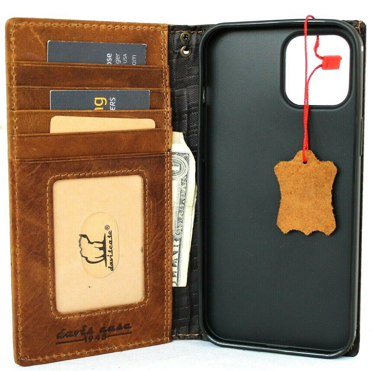 Full tan leather phone case for iPhone 12 Pro Max with wallet features, ID window, card slots, handcrafted by DAVISCASE.