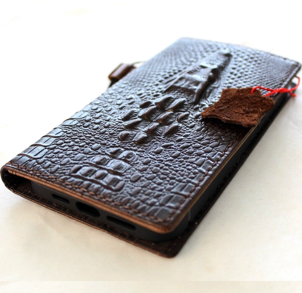 Handmade genuine leather wallet case for iPhone 12 to 17 Pro Max from DAVISCASE, crocodile style, with card slots and protective cover.