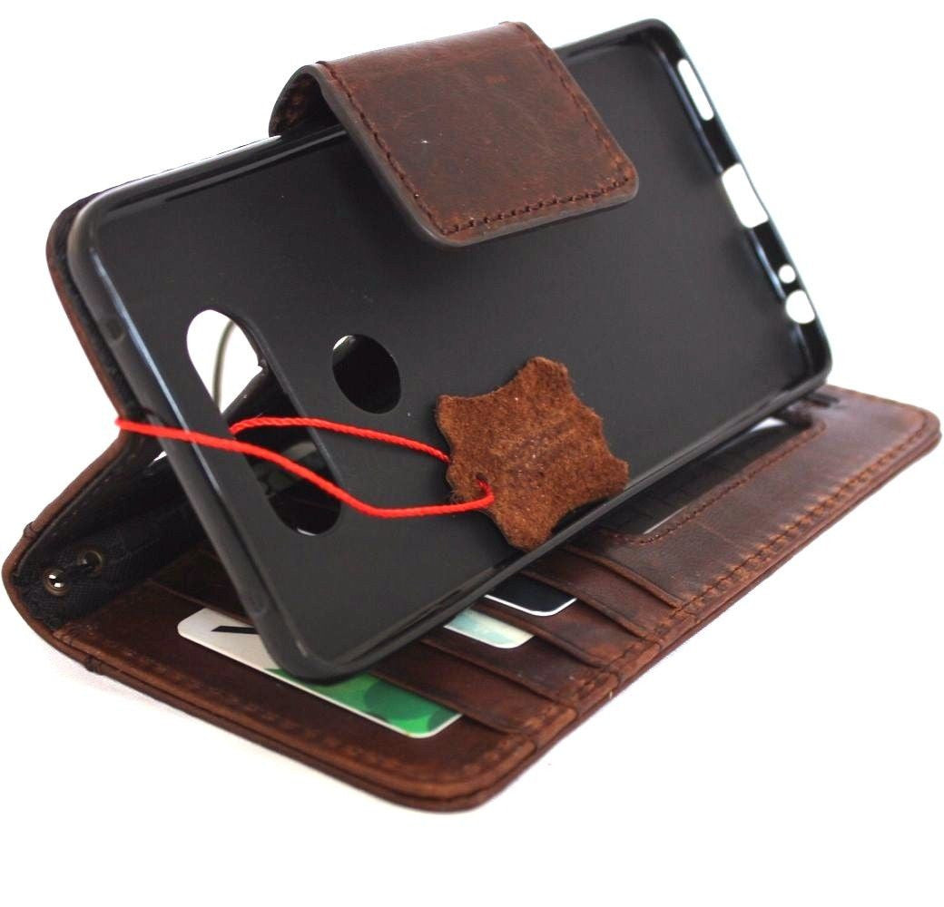 Handmade brown leather phone case for LG G6 with card slots, wallet style, magnetic cover, slim design, vintage-inspired craftsmanship
