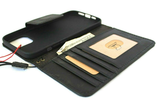 Genuine black leather phone case for iPhone 12 Pro with vintage book wallet style, soft magnetic closure, handcrafted by DAVISCASE