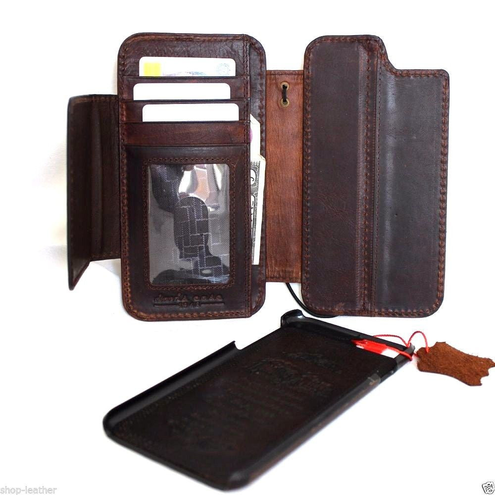 Handmade genuine leather removable case for iPhone 6s Plus with wallet features, credit card slots, and magnet closure.