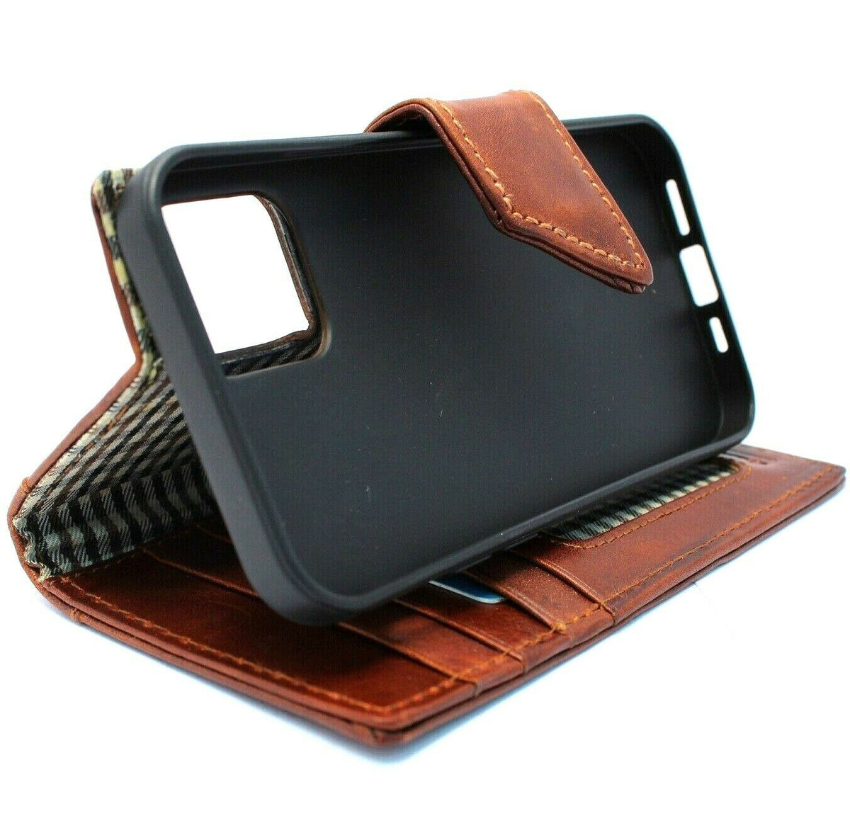 DavisCase genuine leather phone wallet case for iPhone models, vintage style with ID window and credit card slots.