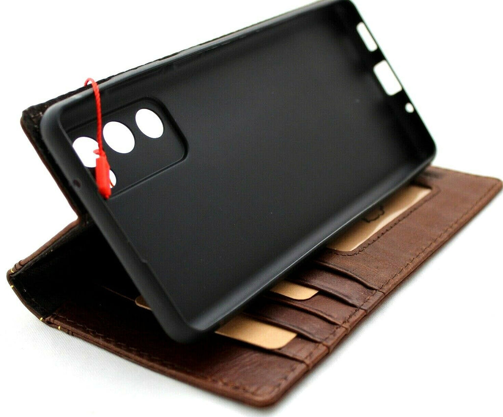 DavisCase genuine soft leather wallet cover for Samsung Galaxy S20 FE with Bible design, card slots, and wireless charging holder.