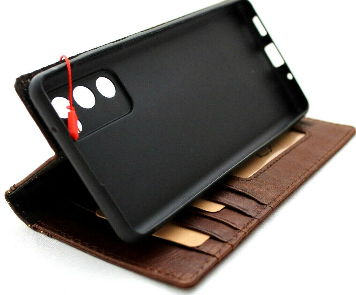 DavisCase genuine soft leather wallet cover for Samsung Galaxy S20 FE with Bible design, card slots, and wireless charging holder.