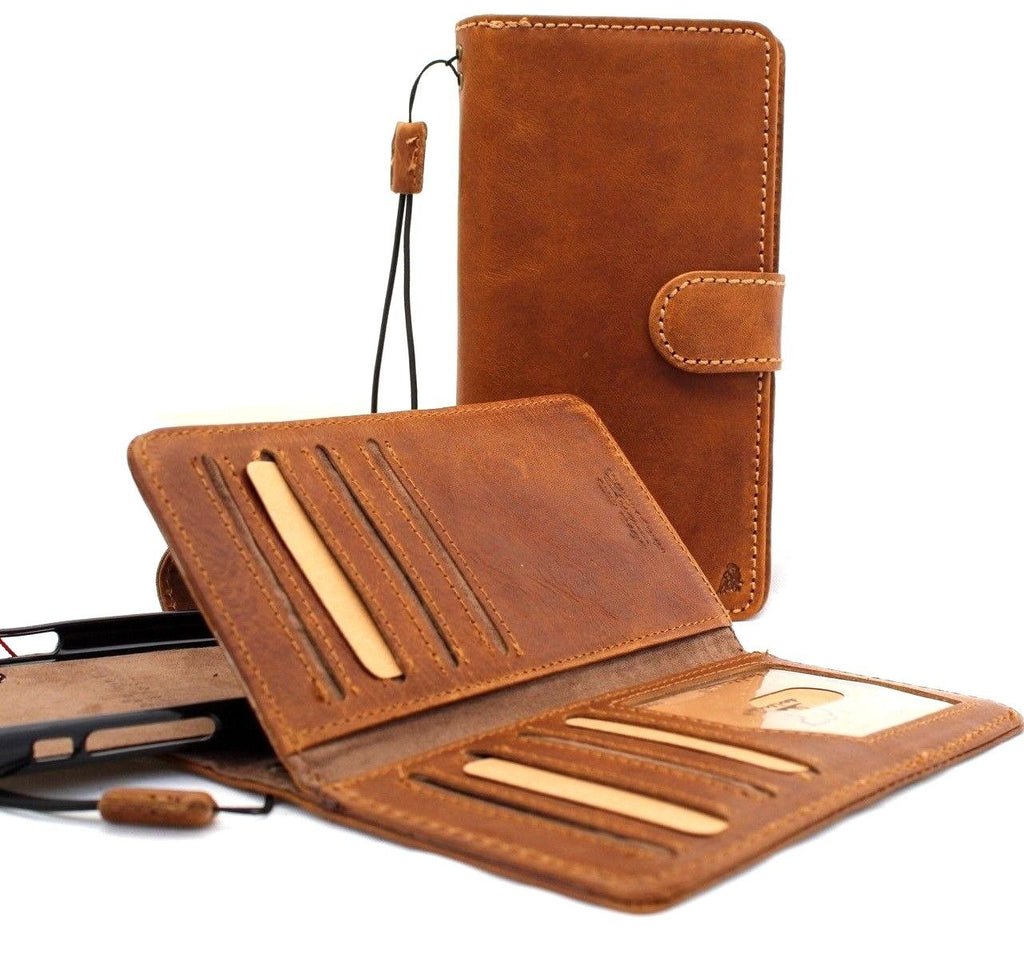 Leather iPhone XS case cover wallet by DAVISCASE, tan magnetic book style with removable credit holder and slim soft design.