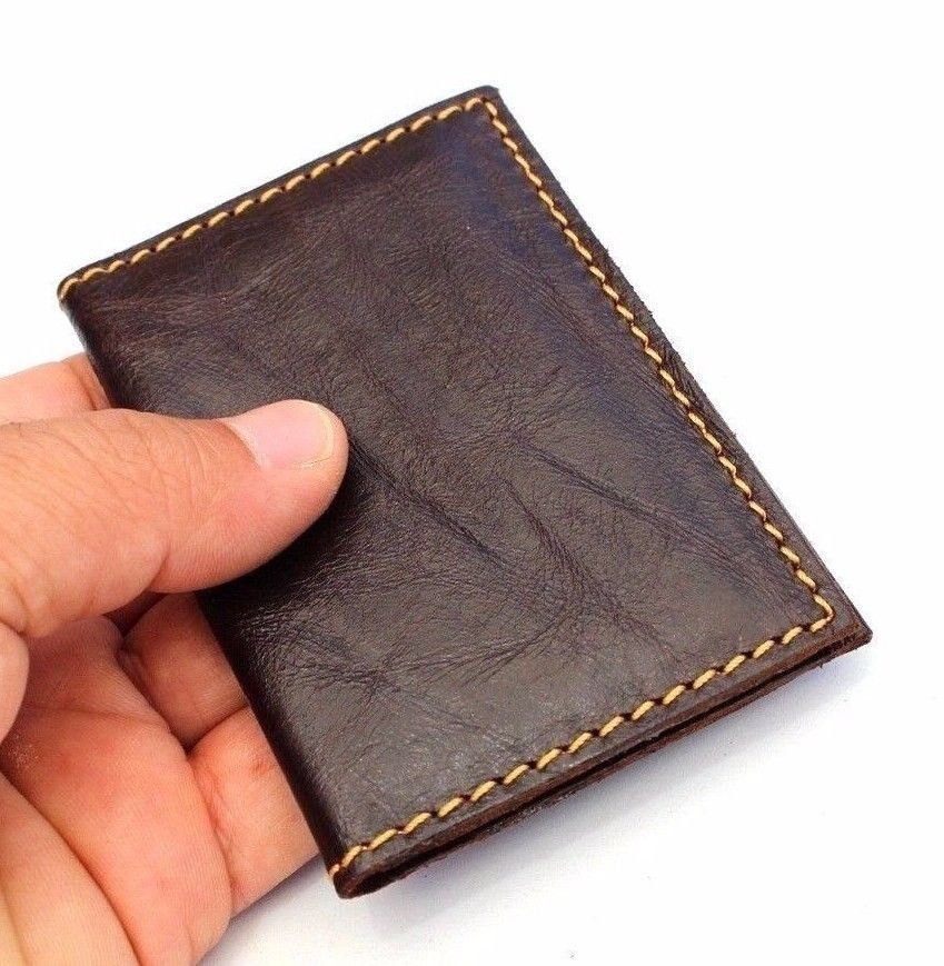Men's DAVISCASE dark leather mini wallet with 2 card slots and slip pockets, soft and compact for credit card storage.