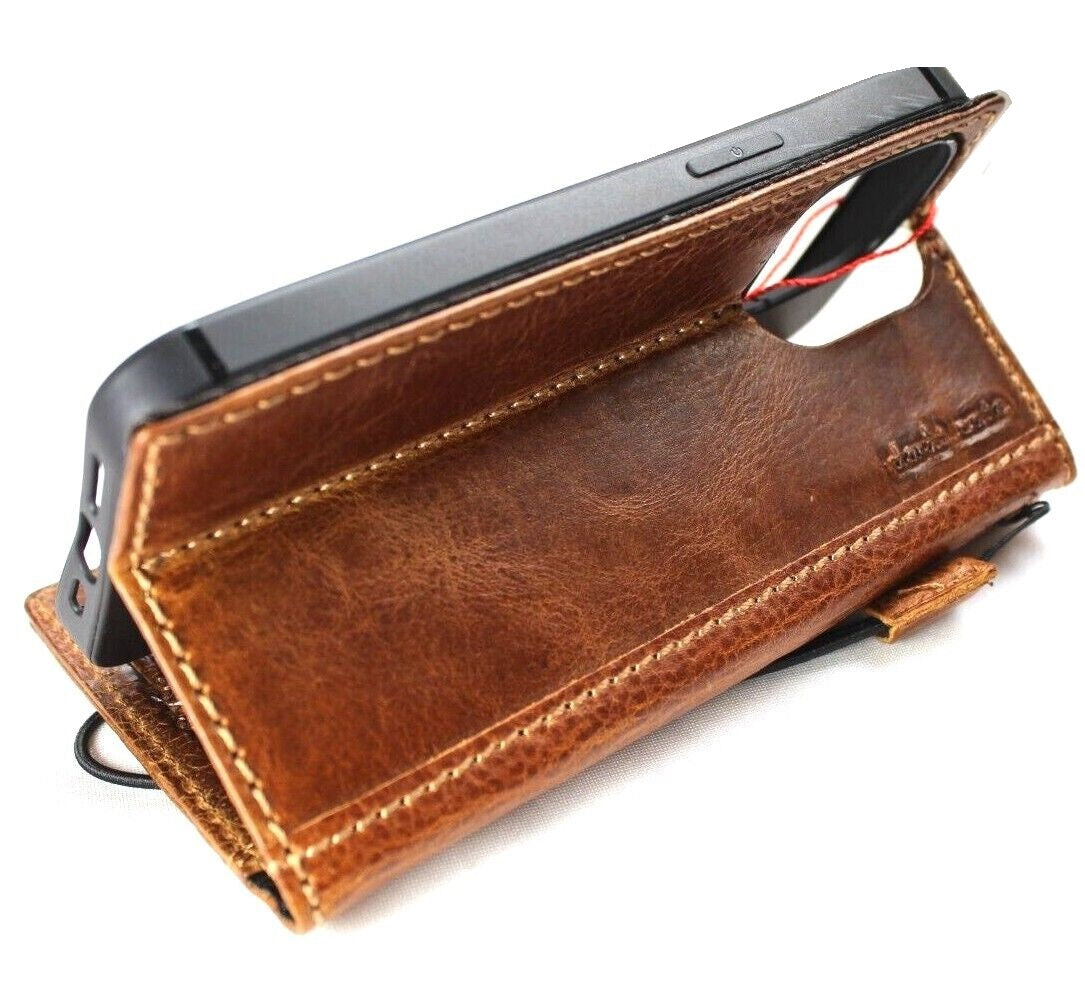 Handmade leather phone case for iPhone 11-15 Pro Max, vintage tan style with credit card slots, crafted by DAVISCASE.