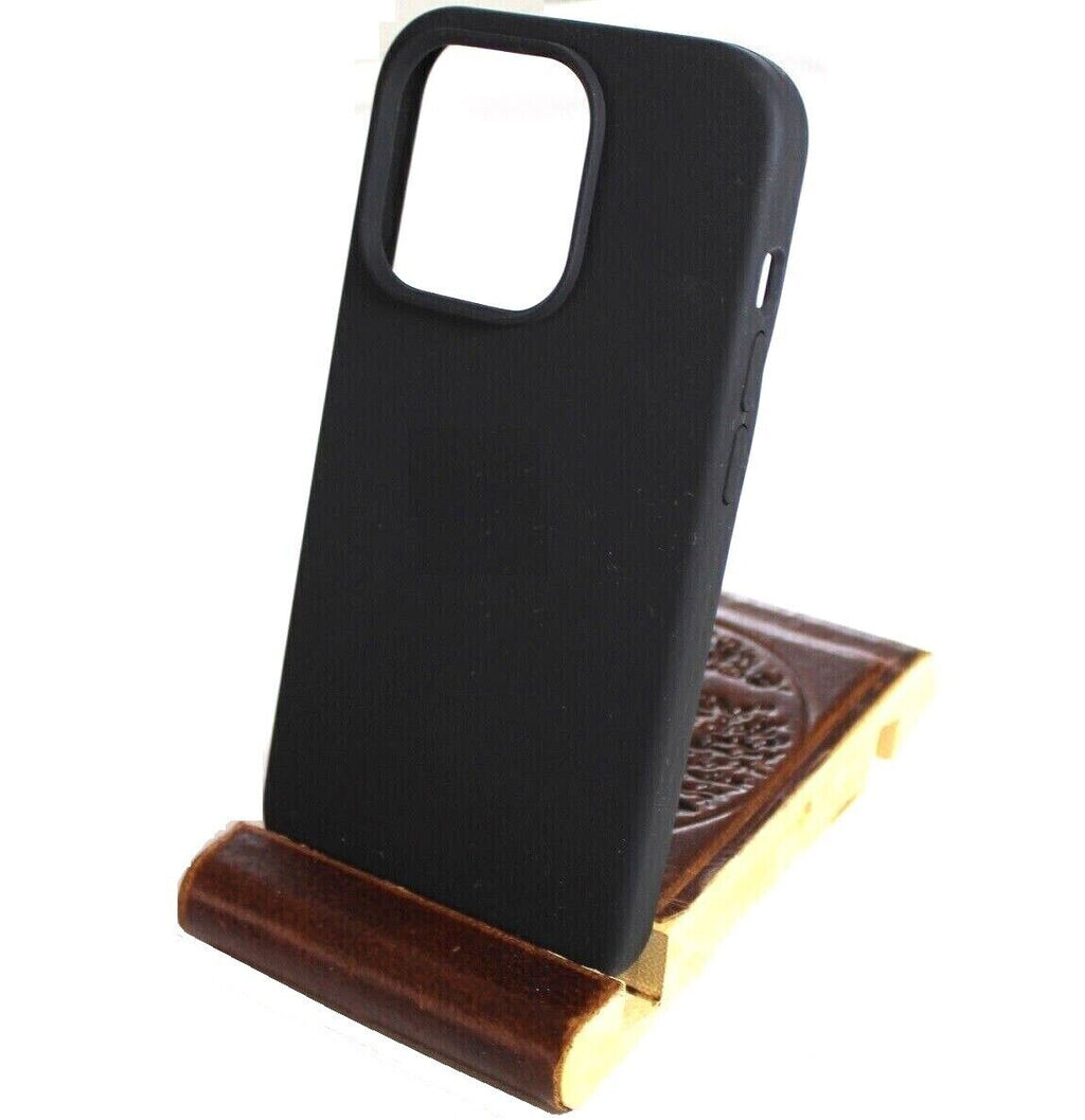 Handmade leather phone stand for iPhone models, rustic vintage style, crafted from full grain leather with wooden accents by DAVISCASE.