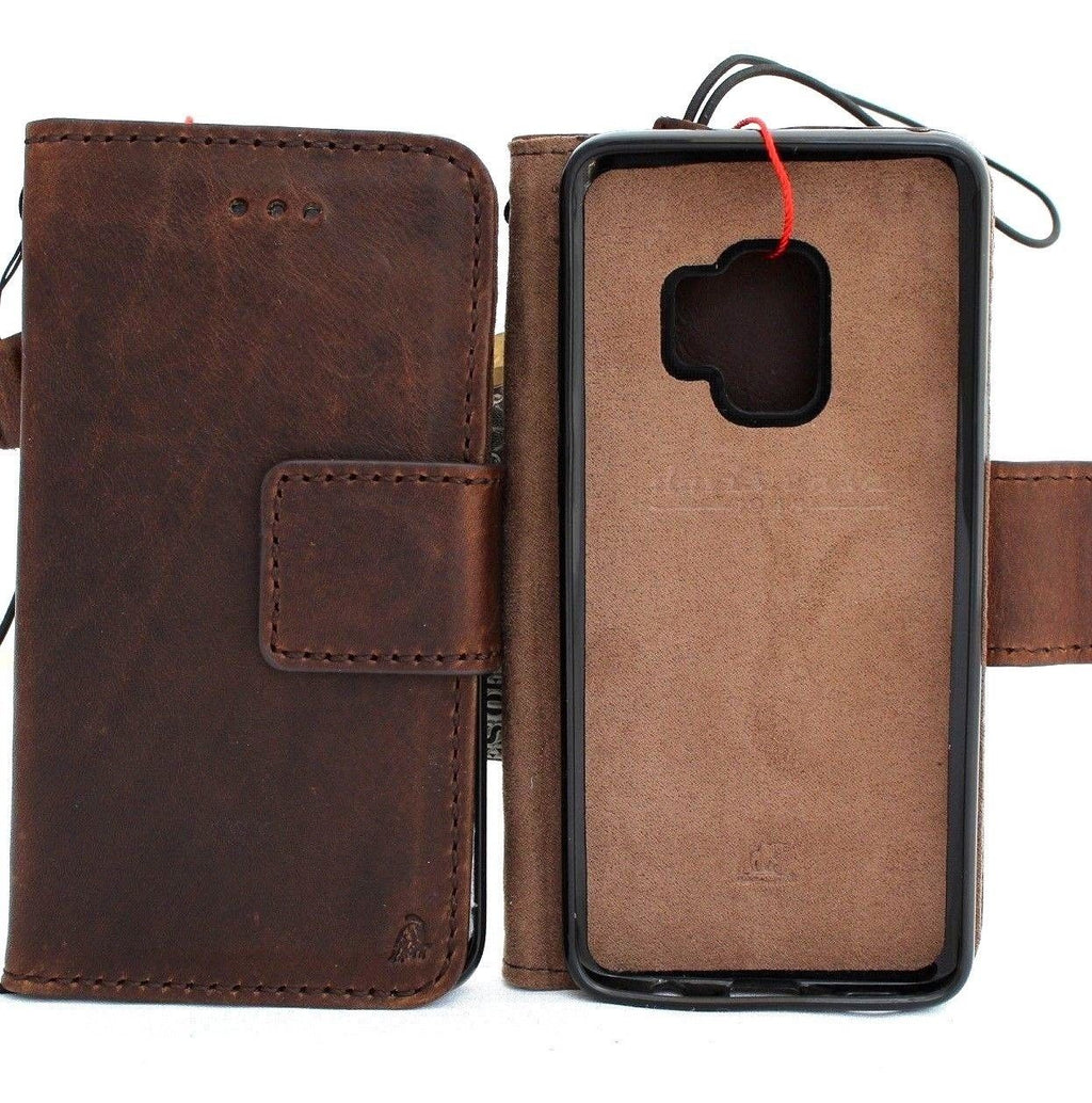 Genuine leather Galaxy S9 wallet case by DAVISCASE with card slots, detachable window, vintage slim design, and book-style cover.