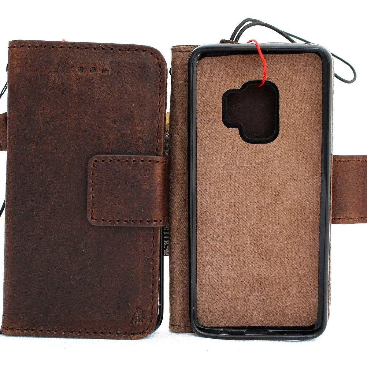 Genuine leather Galaxy S9 wallet case by DAVISCASE with card slots, detachable window, vintage slim design, and book-style cover.
