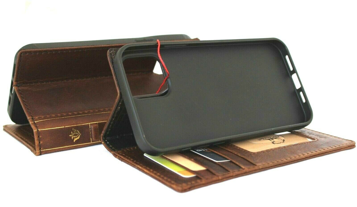 Vintage brown leather phone case for iPhone 12 Pro Max featuring Bible book design, ID window, and credit card slots by DAVISCASE.