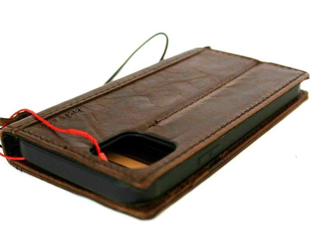 Genuine dark vintage leather wallet case for Apple iPhone 12 with credit card slots, ID window, soft cover, handmade by DAVISCASE