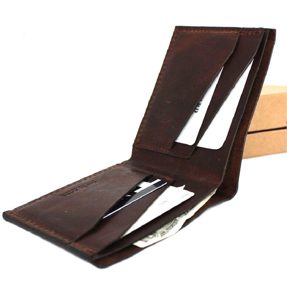 Men's brown leather wallet by DAVISCASE with 4 credit card slots and a bill compartment, slim and handmade.