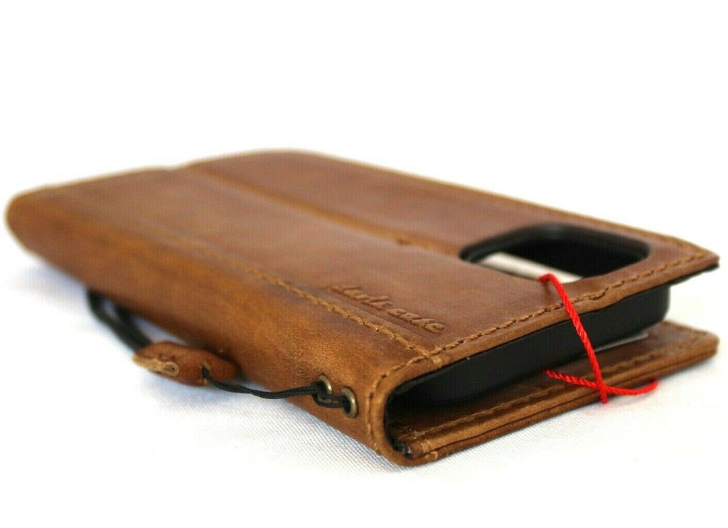 Genuine tan soft leather iPhone 12 Mini case by DAVISCASE with vintage book wallet design, ID window, credit card slots, slim cover